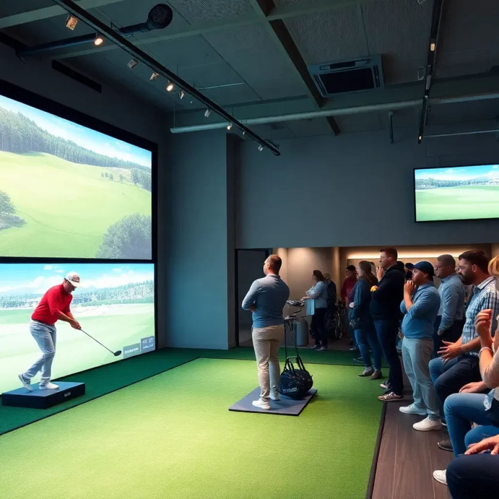 A high-tech indoor golf venue showcasing advanced simulator technology.