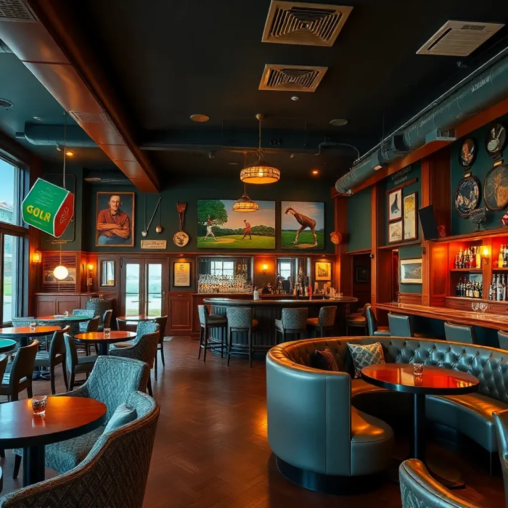 Interior view of The Muni bar showcasing golf simulators and mid-century decor