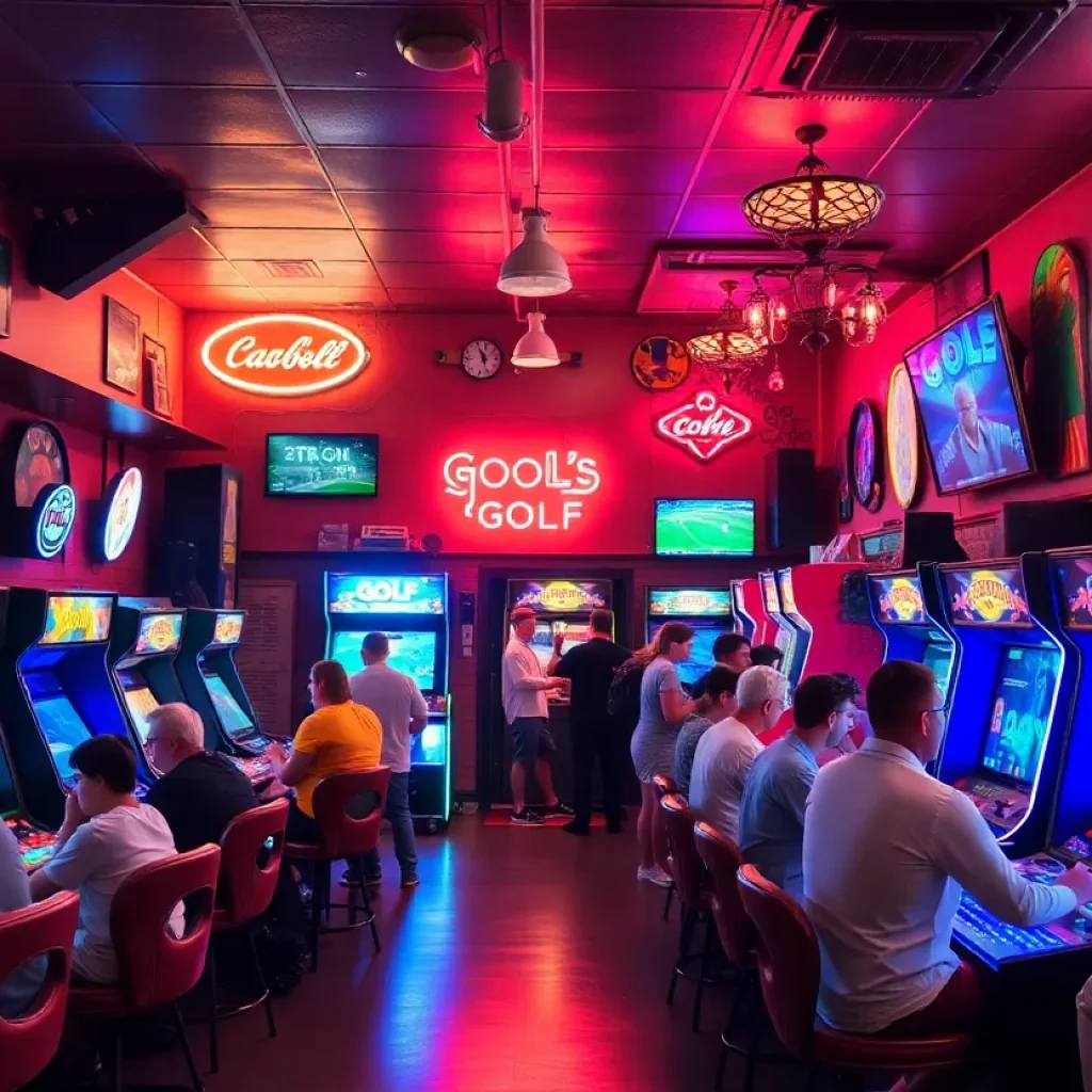 Interior view of The Muni showcasing golf simulators and retro decor
