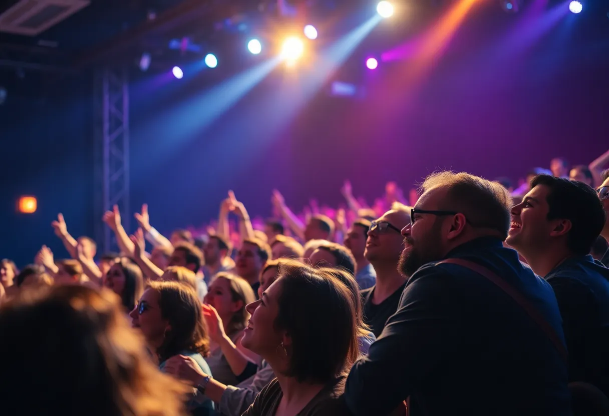 Audience enjoying a comedy performance at a theater.