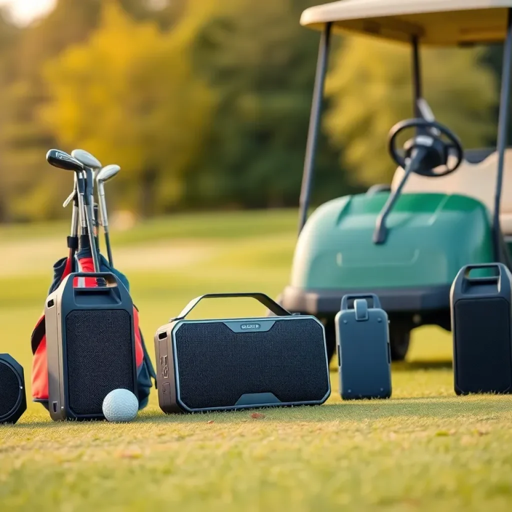 Variety of portable golf speakers displayed on a golf course