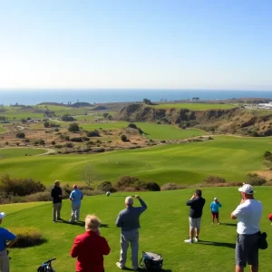 View of Torrey Pines Golf Course with cliffs and ocean.