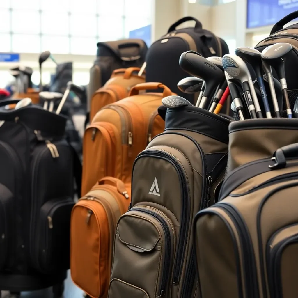 Different styles of travel golf bags for safe transportation of golf clubs.