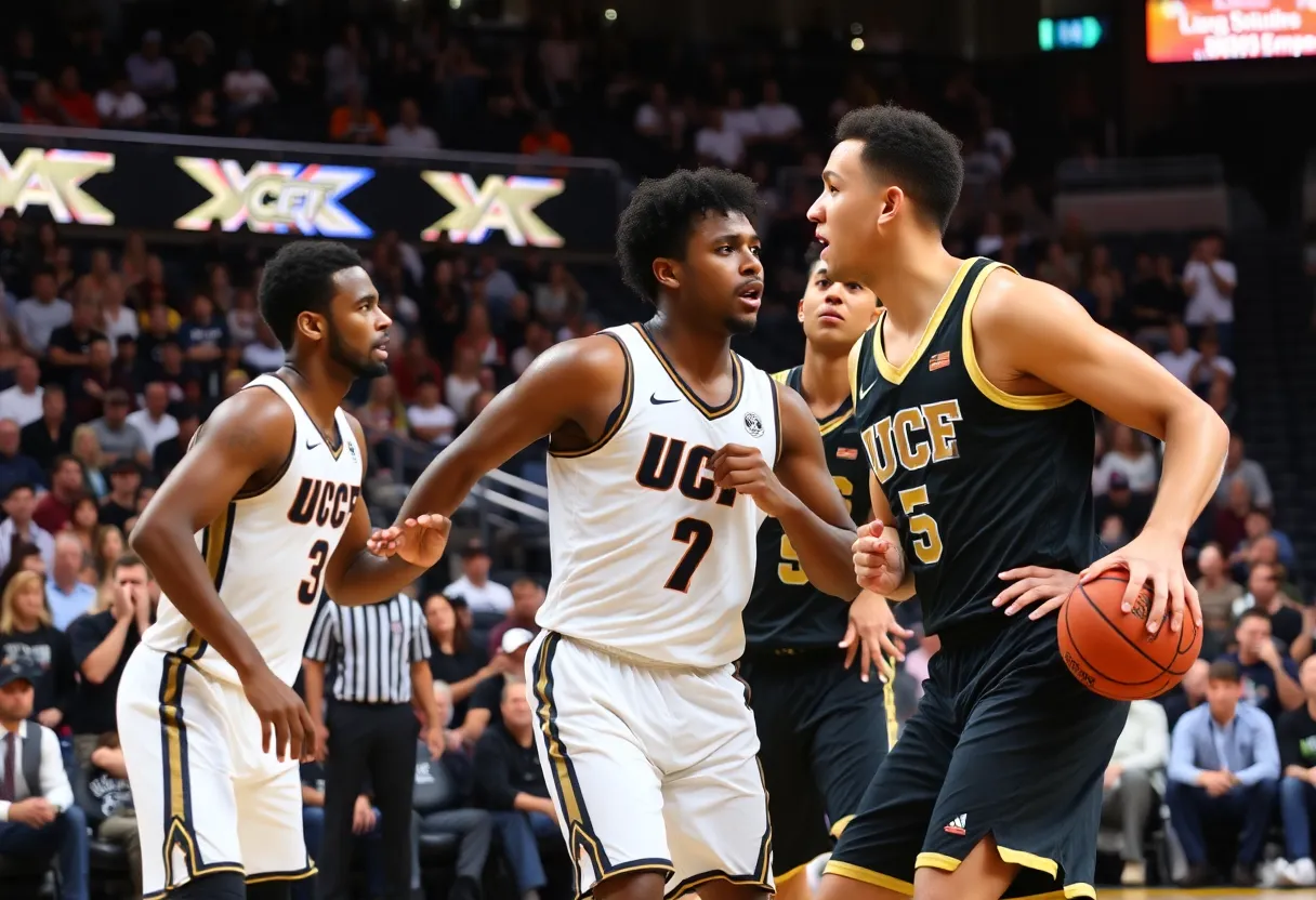 UCF basketball team celebrating a win in the arena