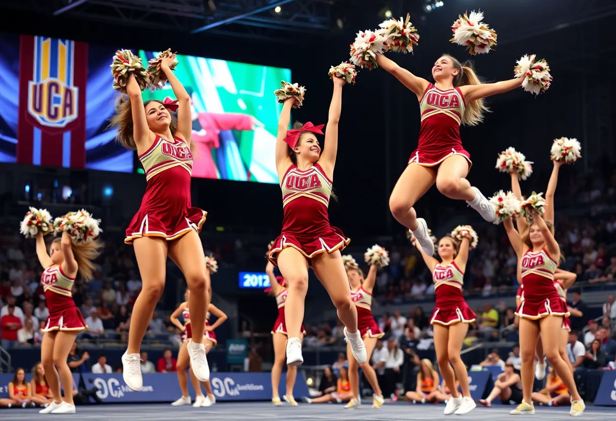 UCF Cheerleaders showcasing their skills at the 2025 UCA College Cheerleading Nationals.