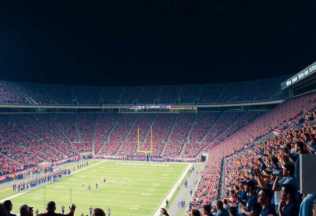 Enthusiastic college football fans cheering in a stadium