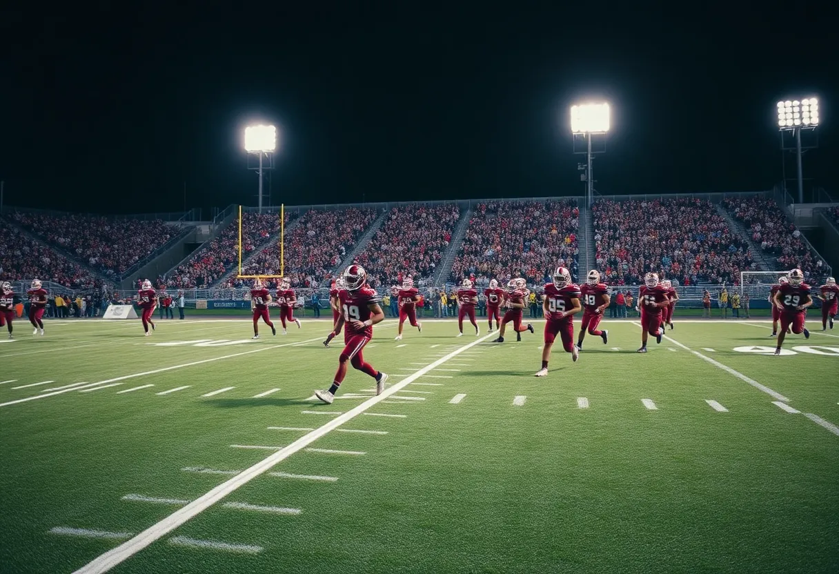 University football team practicing under stadium lights