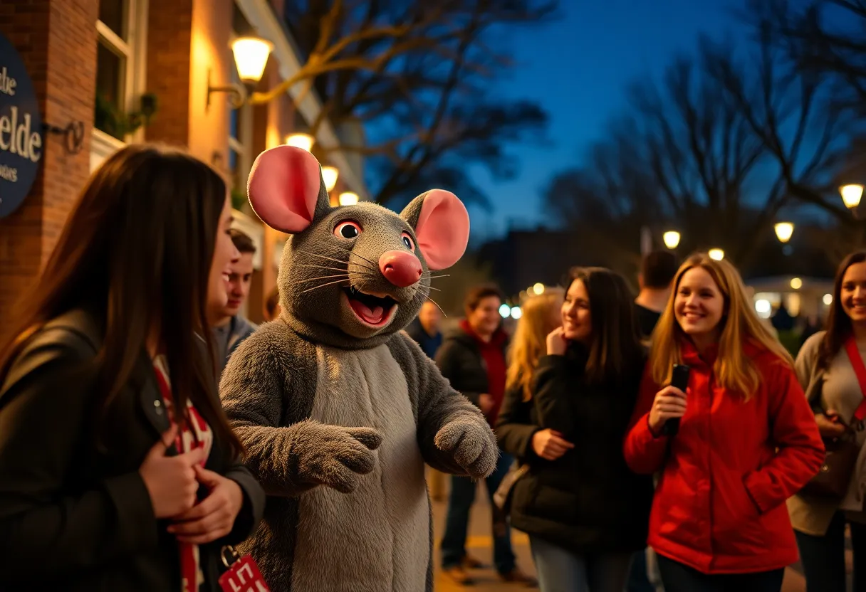 Character in rat costume engaging with university students