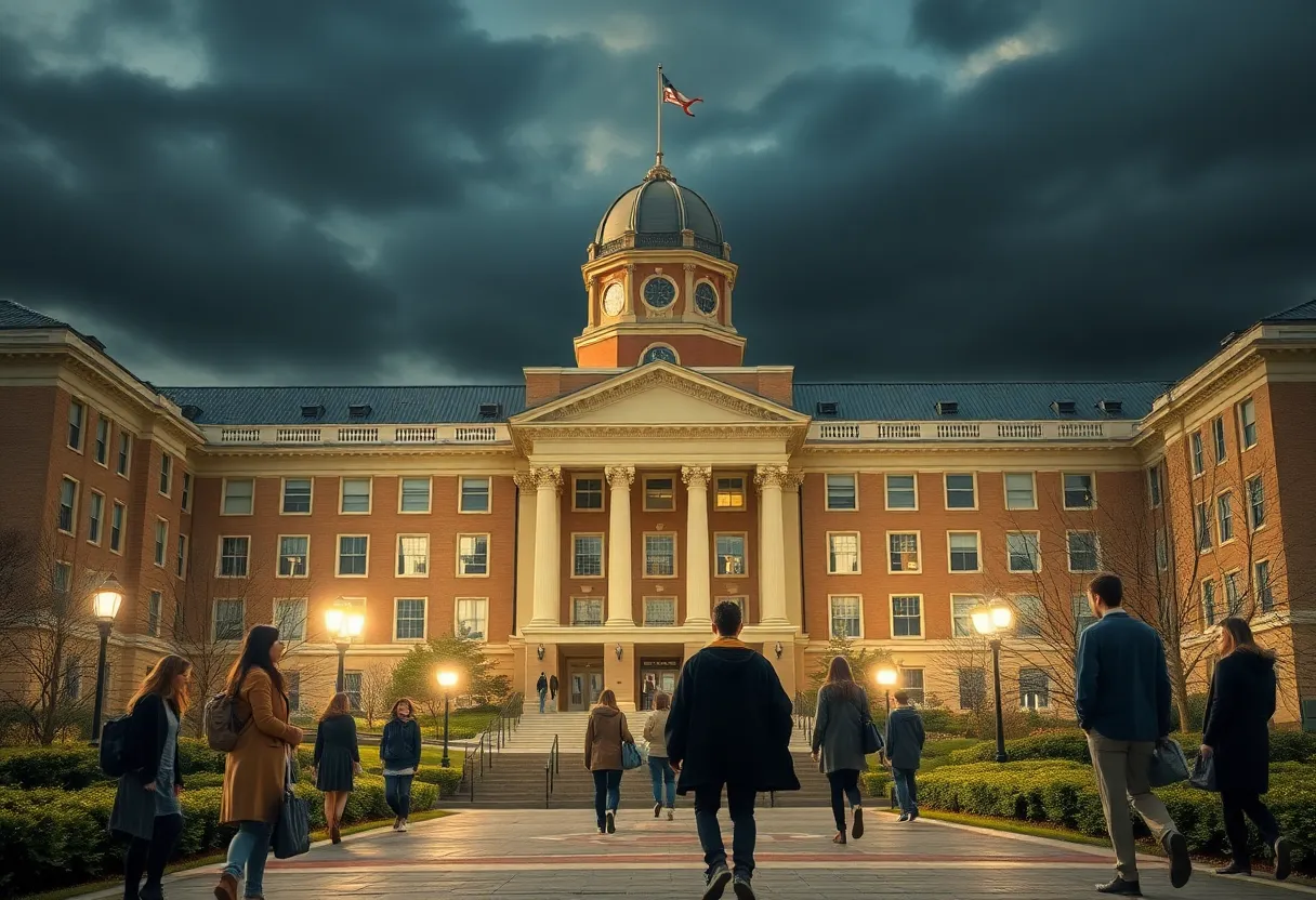 University campus during a scandal, depicting concern among students and faculty.