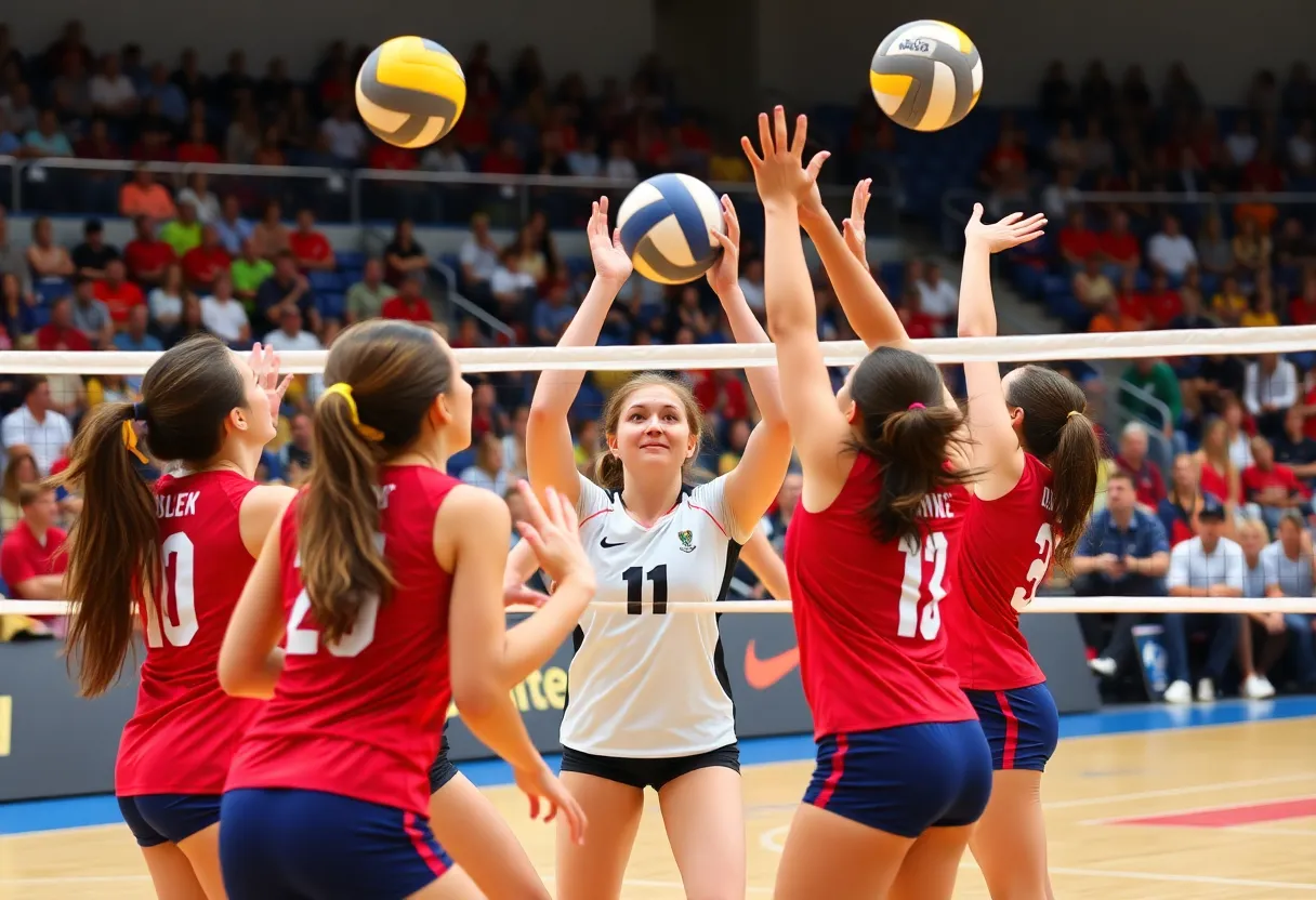 UCF volleyball team competing in a match, showcasing athleticism and teamwork.