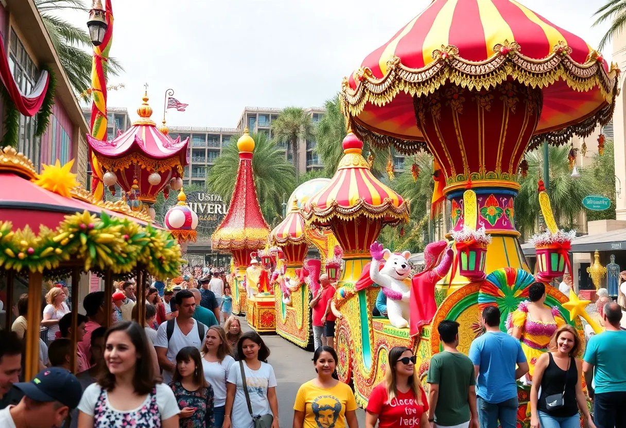 Colorful parade with floats at Universal Orlando 2025 events
