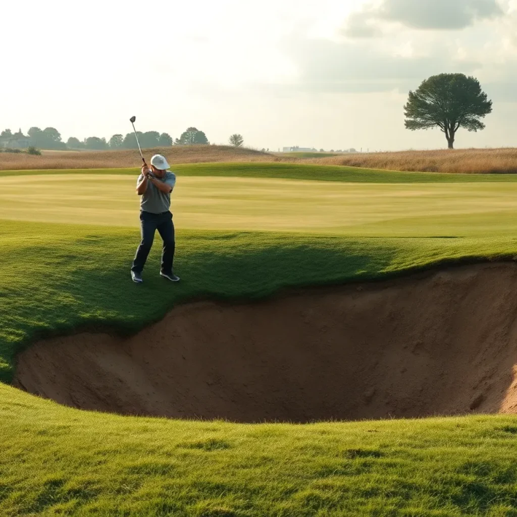Golfer struggling in a deep bunker