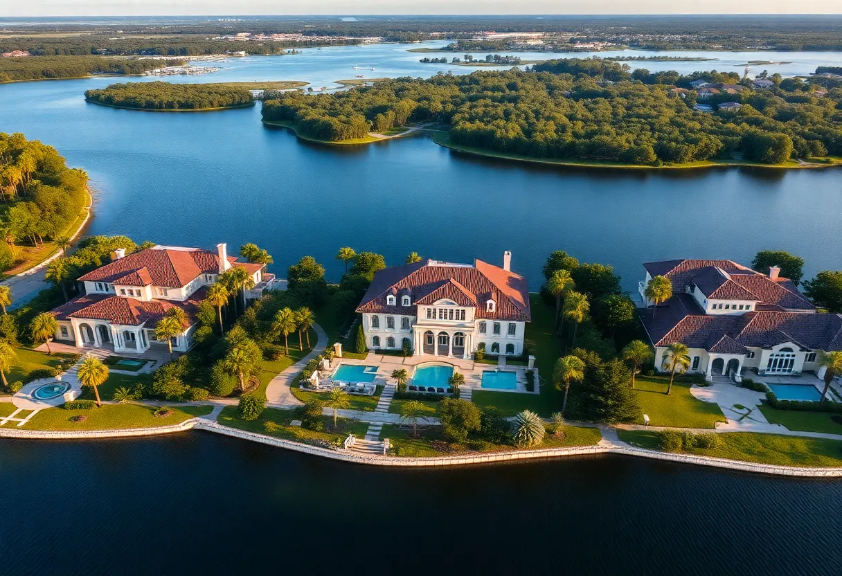 Aerial view of luxury homes in Winter Park by a lake.