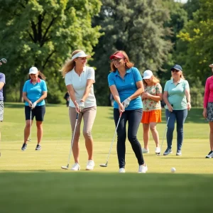 Women celebrating on a golf course during Women's Golf Day event.