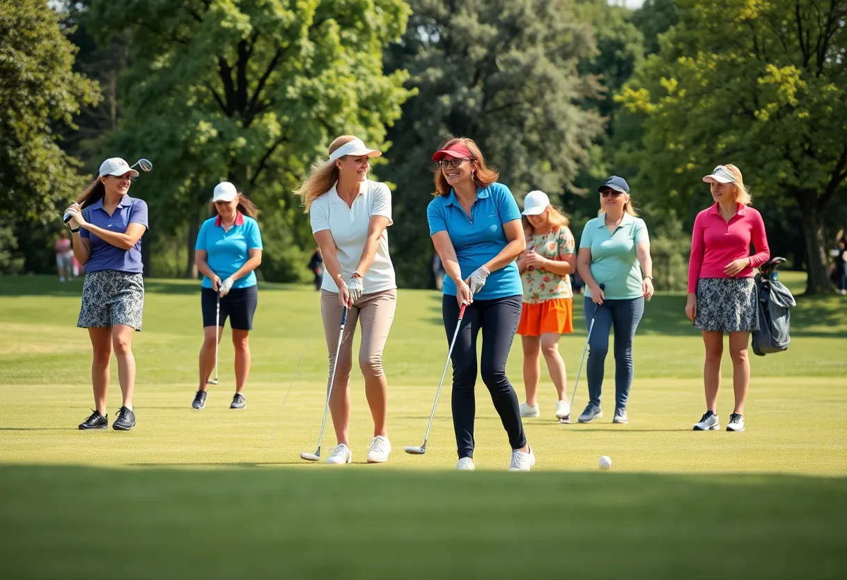Women celebrating on a golf course during Women's Golf Day event.