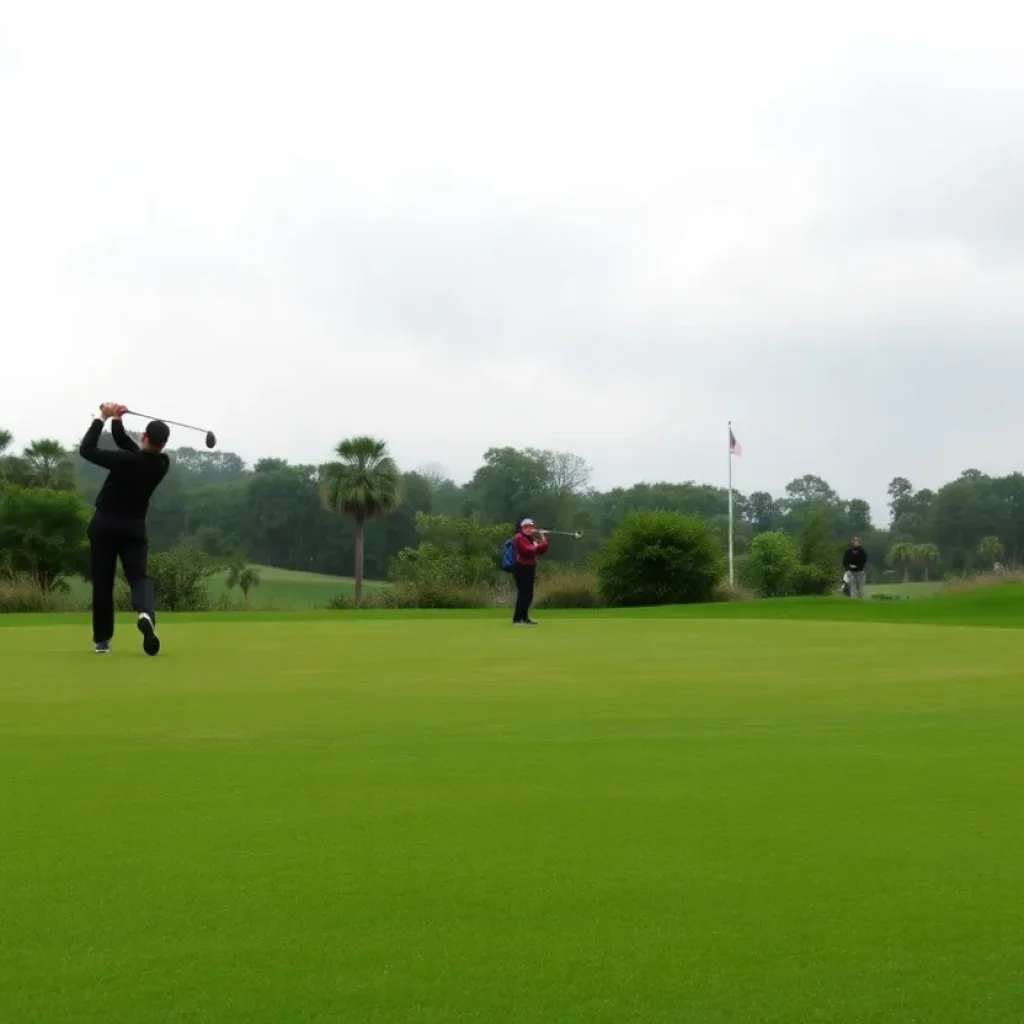 Golfers playing on a wet golf course during the Australian Open.