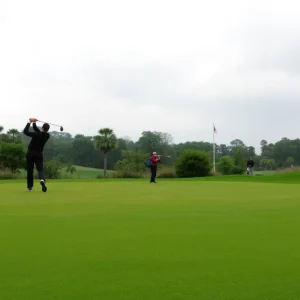 Golfers playing on a wet golf course during the Australian Open.