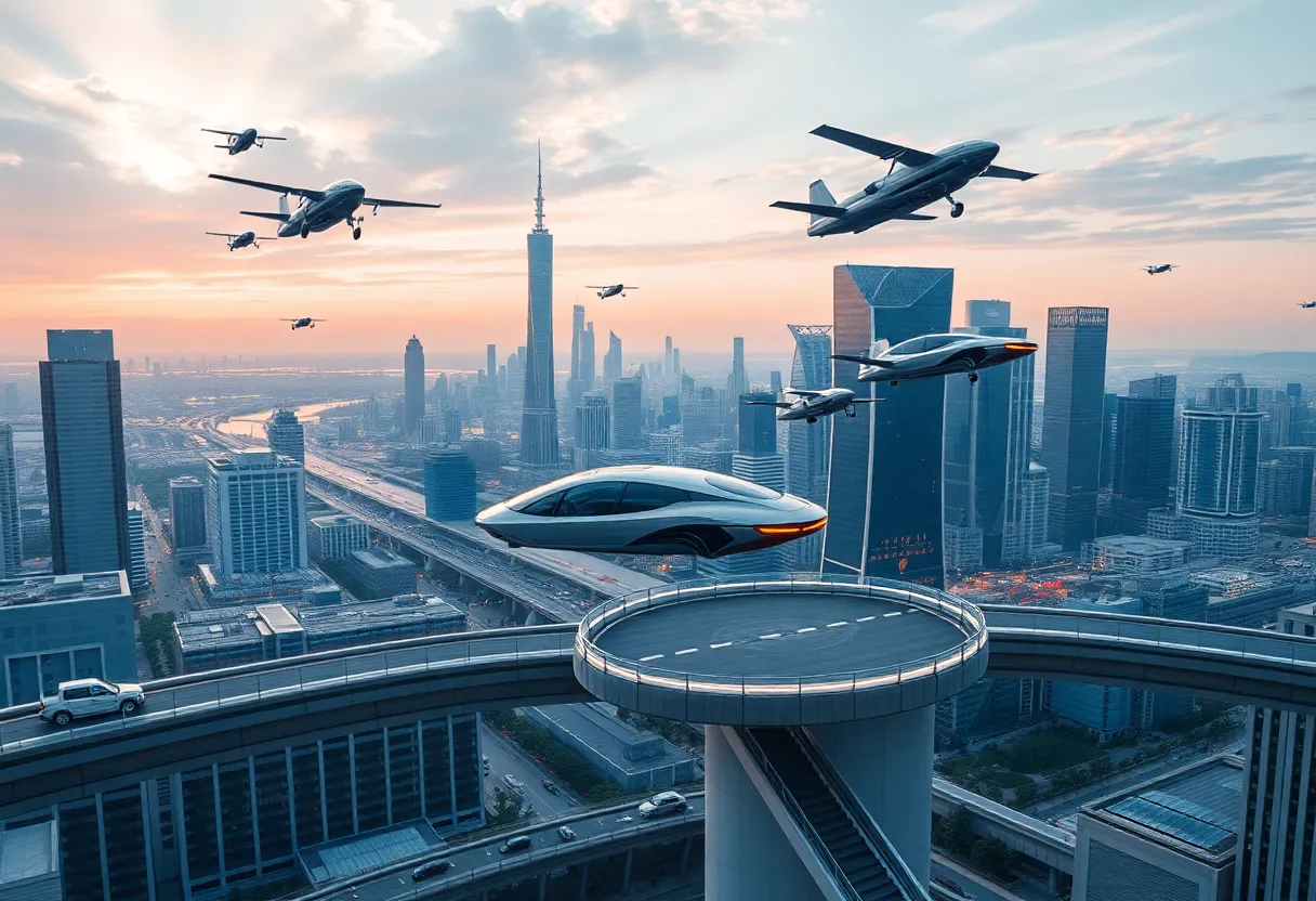 Concept image of flying cars and a vertiport in a modern city