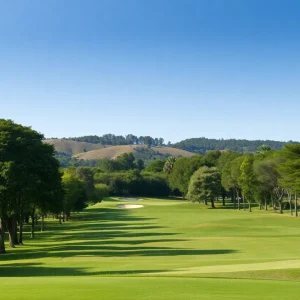 A tranquil golf course at sunset