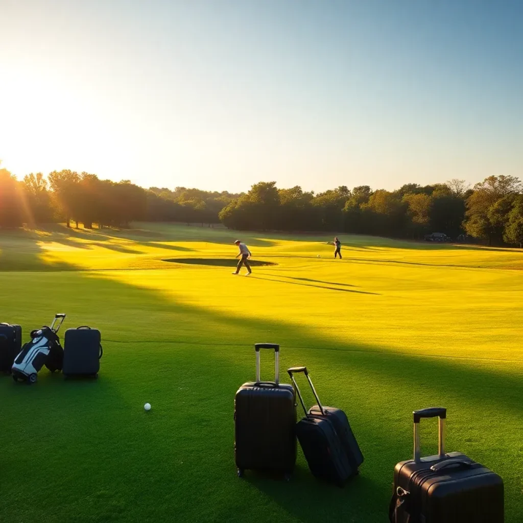 Travelers enjoying golf at a beautiful scenic course.