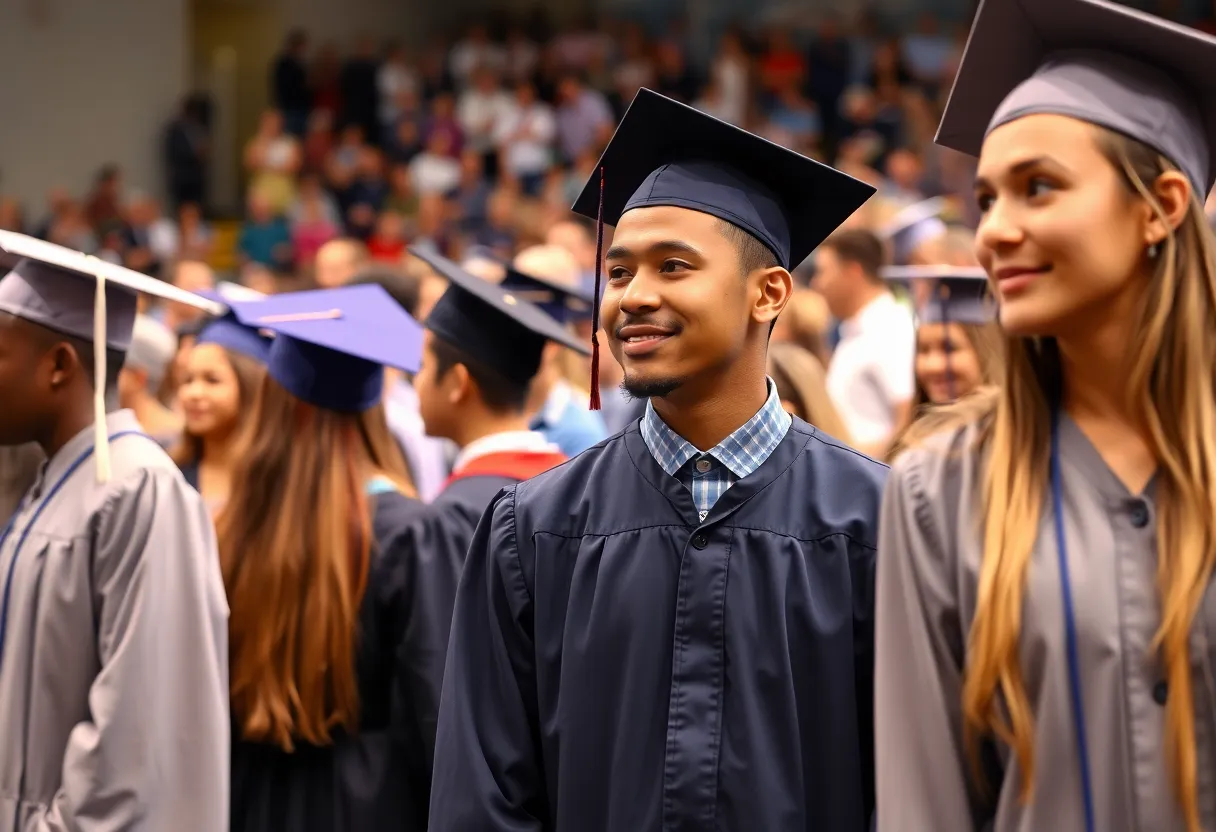 Graduation ceremony at Jones High School with students celebrating