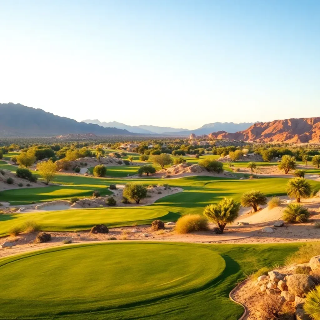 Scenic golf course in Las Vegas with palm trees and mountains