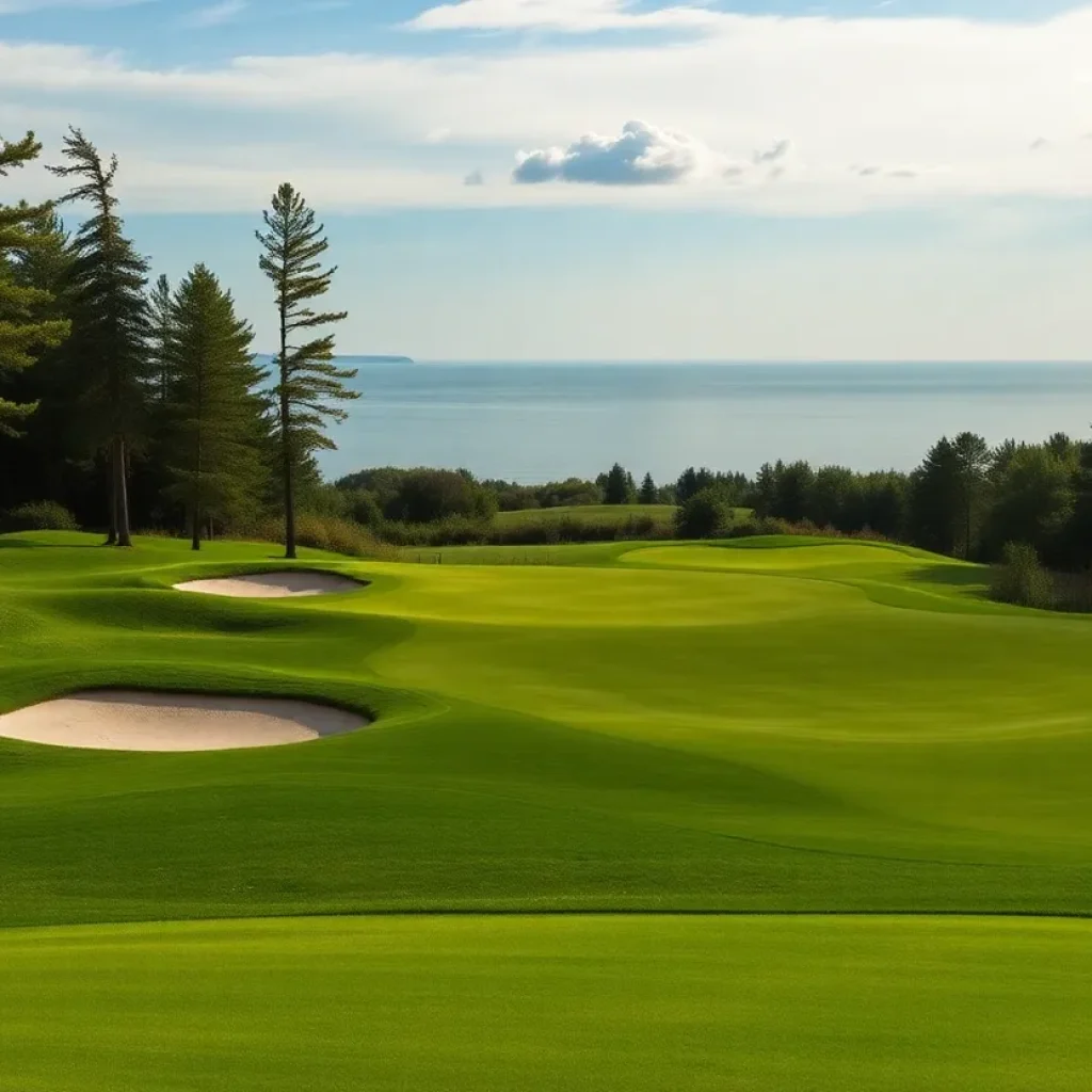 A picturesque golf course in Michigan with golfers playing on a sunny day.
