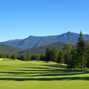 Golfers enjoying the Mount Washington golf course with mountains in the background