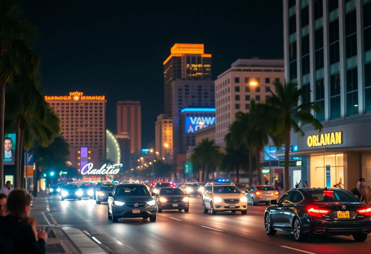Vehicles driving on Orange Avenue in downtown Orlando at night