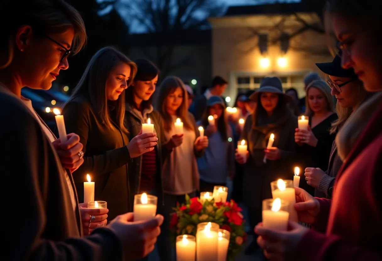 Community members lighting candles during a vigil for a car crash victim in Orlando.