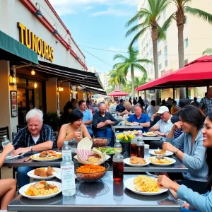 Outdoor food truck scene in Orlando with people dining
