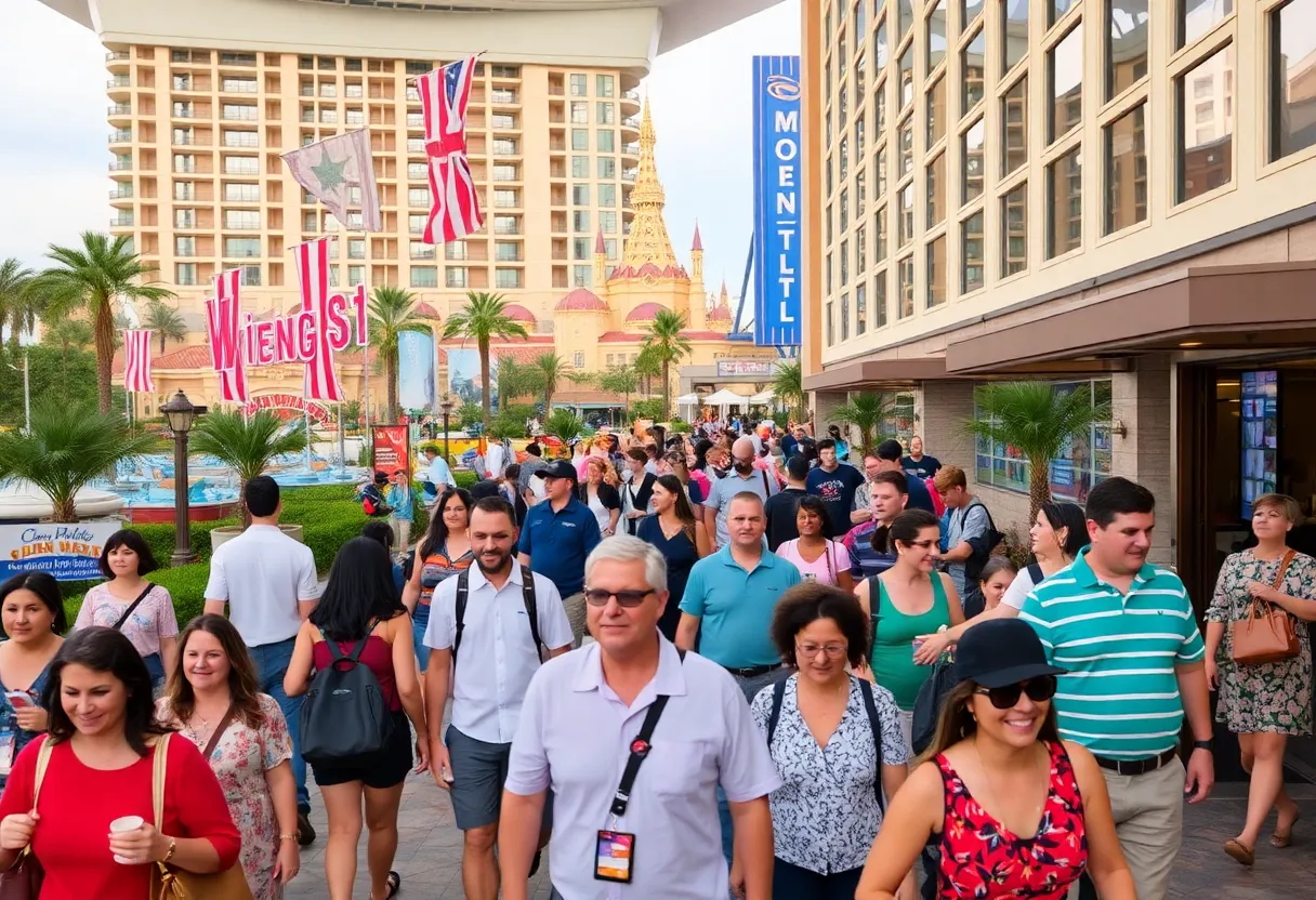 Guests enjoying their stay at a hotel in Orlando with theme parks in the background.