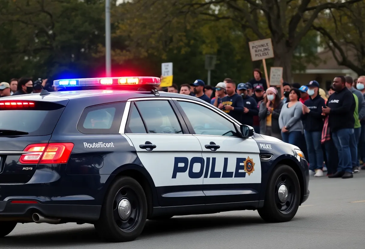 Police car on a street with community members gathering