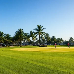 Lush golf courses in The Palm Beaches with palm trees and the Atlantic coast