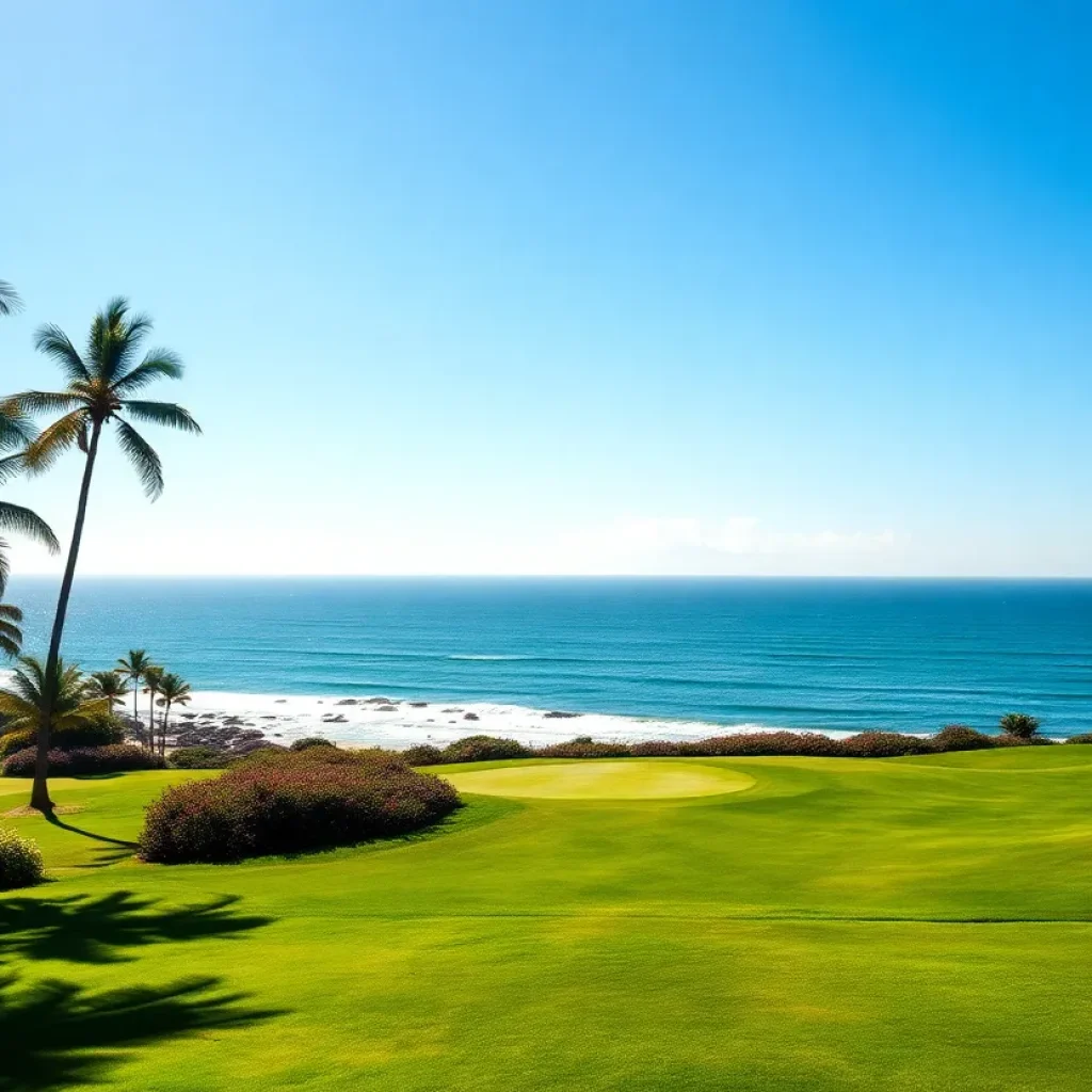 A scenic view of Pebble Beach Golf Links with ocean and golf course.