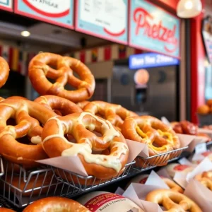 Freshly baked soft pretzels and cheesesteaks displayed in an Orlando eatery.