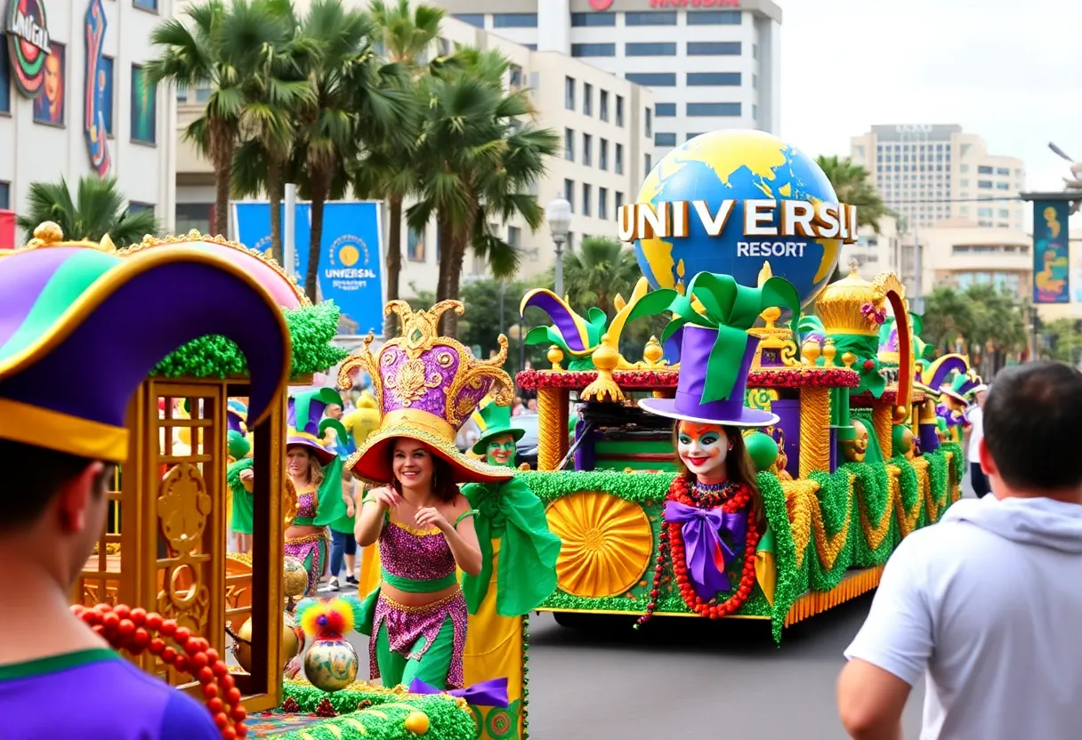 Mardi Gras parade at Universal Orlando Resort with colorful floats and festivities