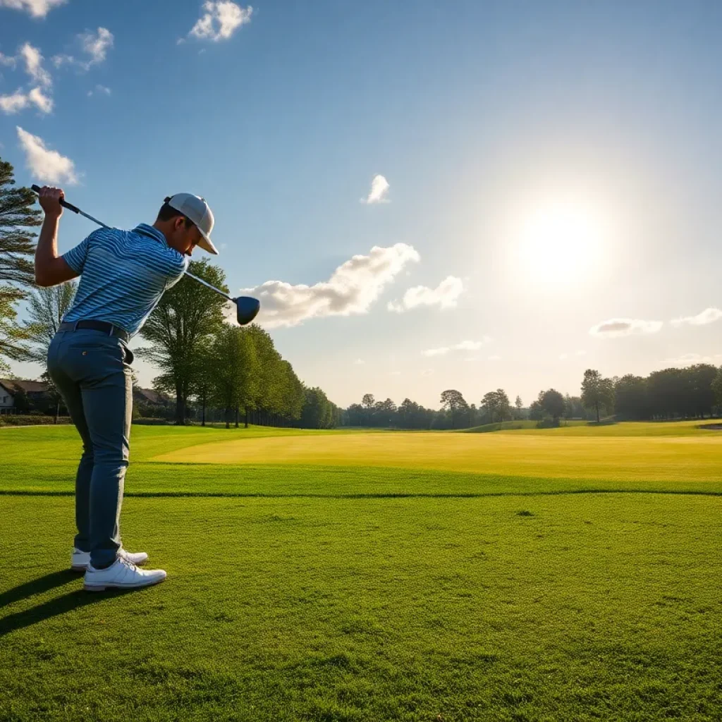 A young golfer practicing on a beautiful golf course.
