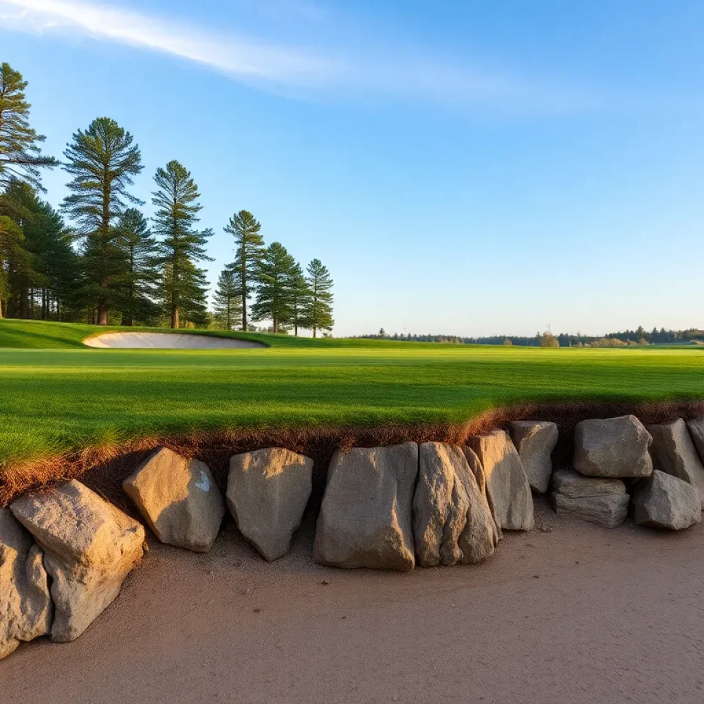 Close up view of a beautiful golf course showcasing the greens and fairways.