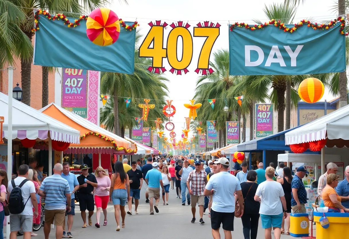 People enjoying the 407 Day festival in Central Florida with decorations and activities