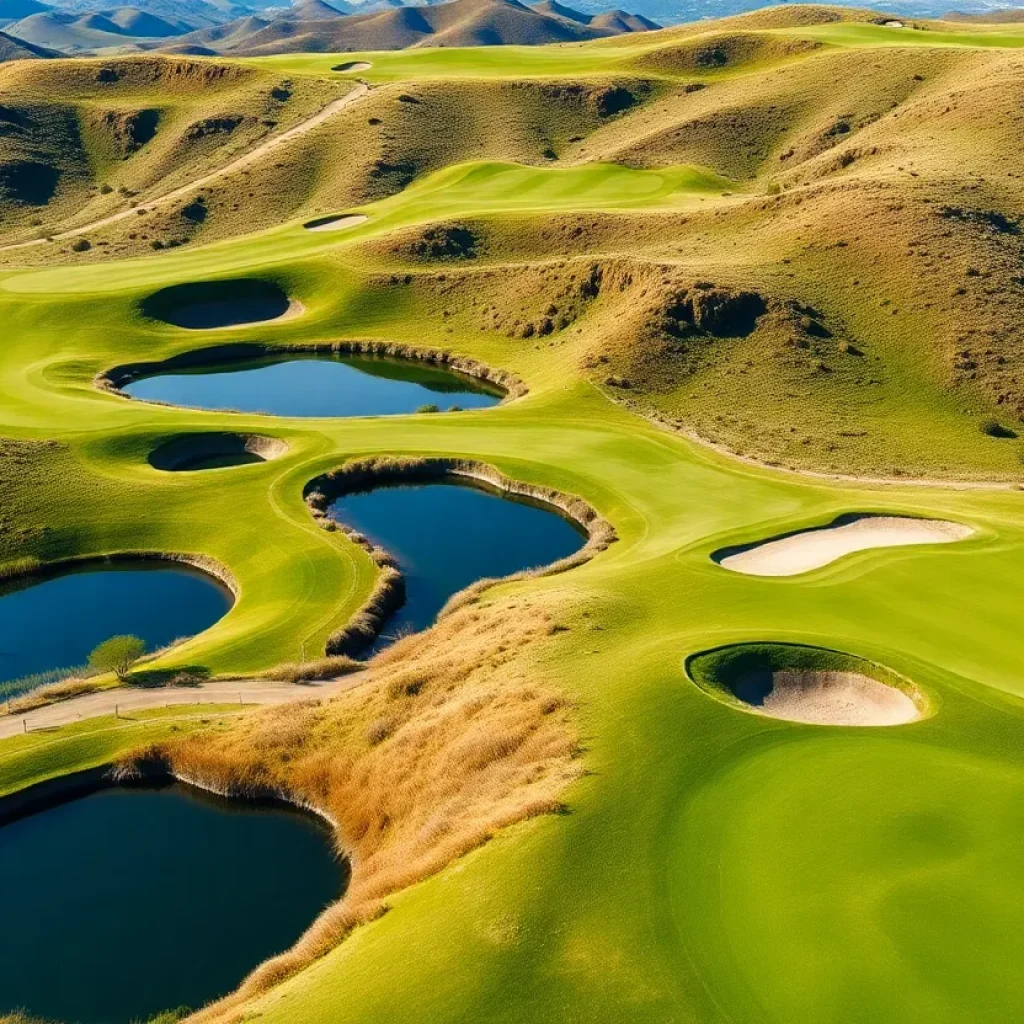 Scenic view of Bay Hill Golf Course featuring hilly terrain and a water hazard