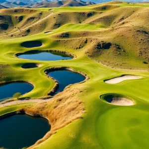 A panoramic view of Bay Hill Golf Course featuring scenic hills and water features