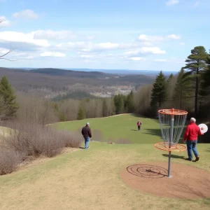 Aerial view of Beal Slough Disc Golf Course with players and baskets