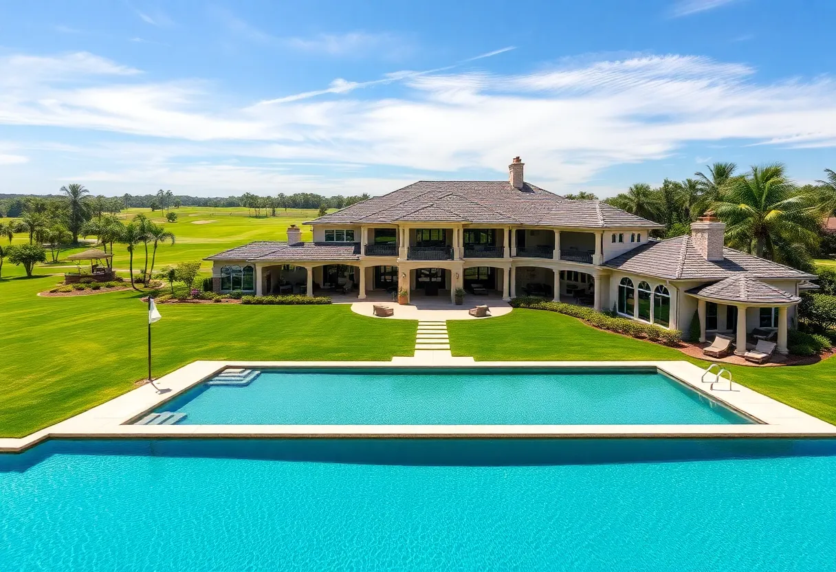 Exterior view of a luxurious mansion with a swimming pool and golf course.