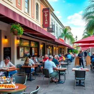 A lively restaurant scene in Central Florida with outdoor seating and diners enjoying their meals.