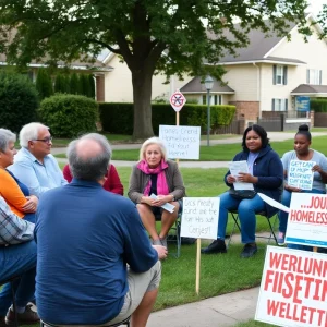 Residents gathering at a community meeting expressing concerns about a proposed homeless shelter.