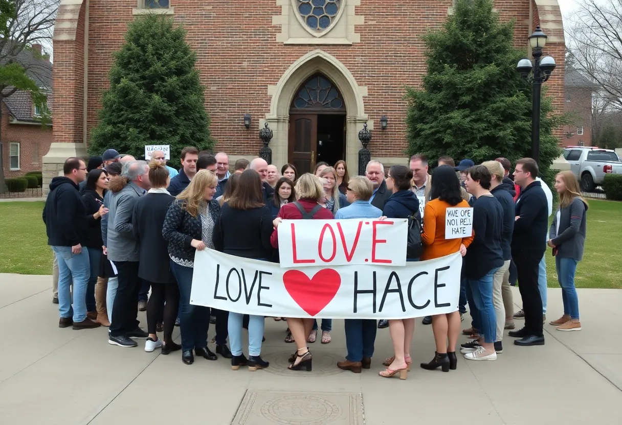 Community members forming a protective circle outside an LGBTQ+ affirming church.