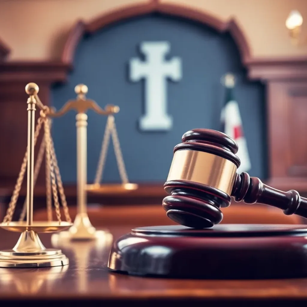 A judge's gavel resting on a desk in the courtroom.