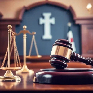 A judge's gavel resting on a desk in the courtroom.