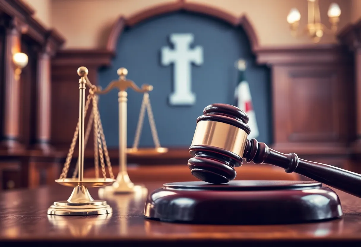 A judge's gavel resting on a desk in the courtroom.